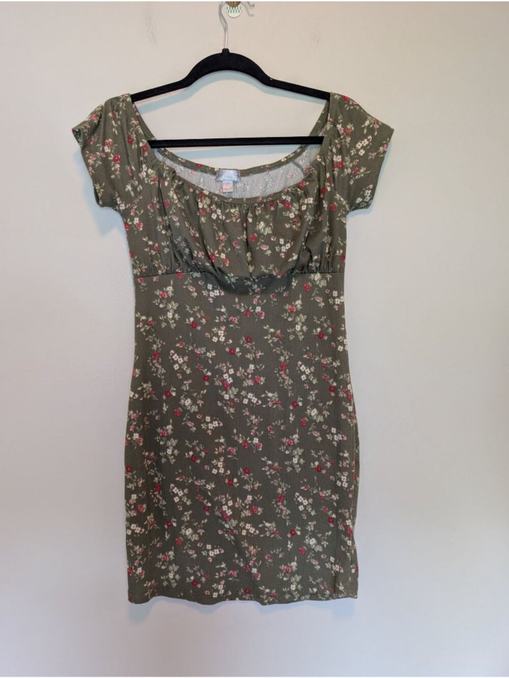 Floral Print Olive Green Bodycon Dress By Justify Milkmaid Puff Sleeve Large